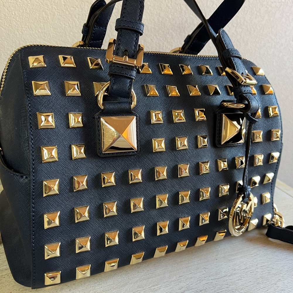 Michael Kors Leather Studded Grayson Satchel Bag - Picture 6 of 16